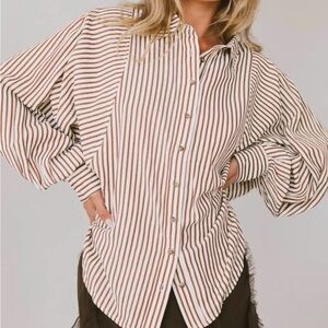 Bohme White Striped Button Down Shirt with Puff Sleeves and Dress Shirt Collar